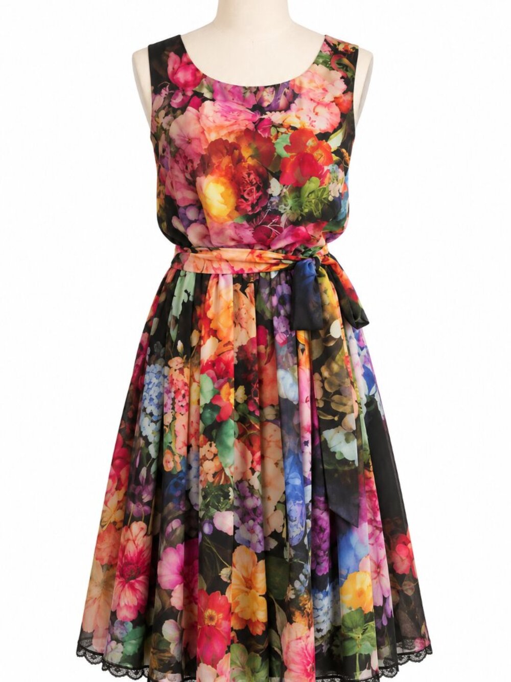 Betsey Johnson Black Floral Sleeveless Midi Dress Size 8 Lace Hem